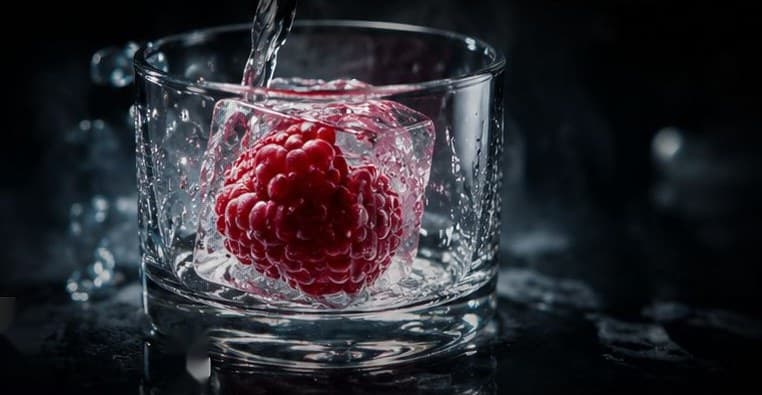 Eiswürfel mit gefrorener Himbeere in einem Glas, in das Wasser gegossen wird